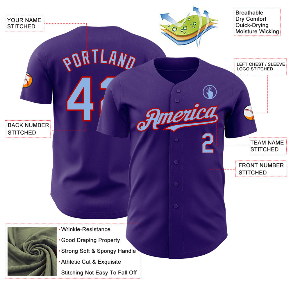 Custom Purple Light Blue-Red Authentic Baseball Jersey view 3