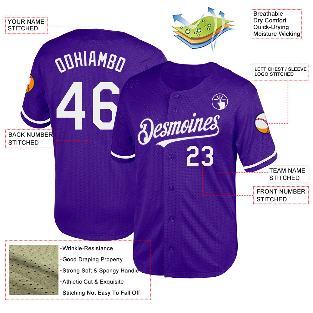 Custom Purple White Mesh Authentic Throwback Baseball Jersey view 3