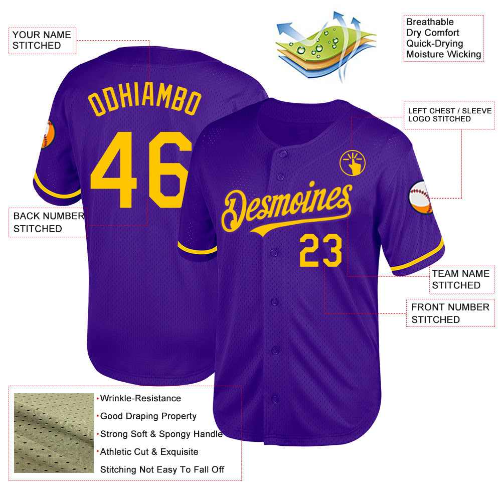 Custom Purple Yellow Mesh Authentic Throwback Baseball Jersey view 3