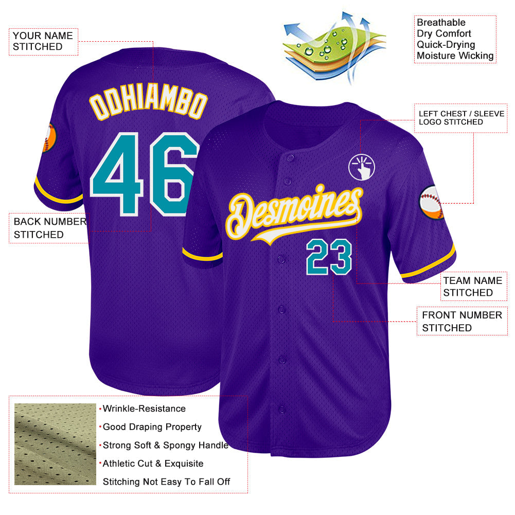Custom Purple Teal-Yellow Mesh Authentic Throwback Baseball Jersey view 3