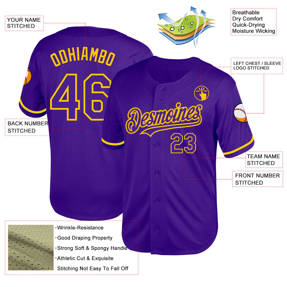 Custom Purple Yellow Mesh Authentic Throwback Baseball Jersey view 3