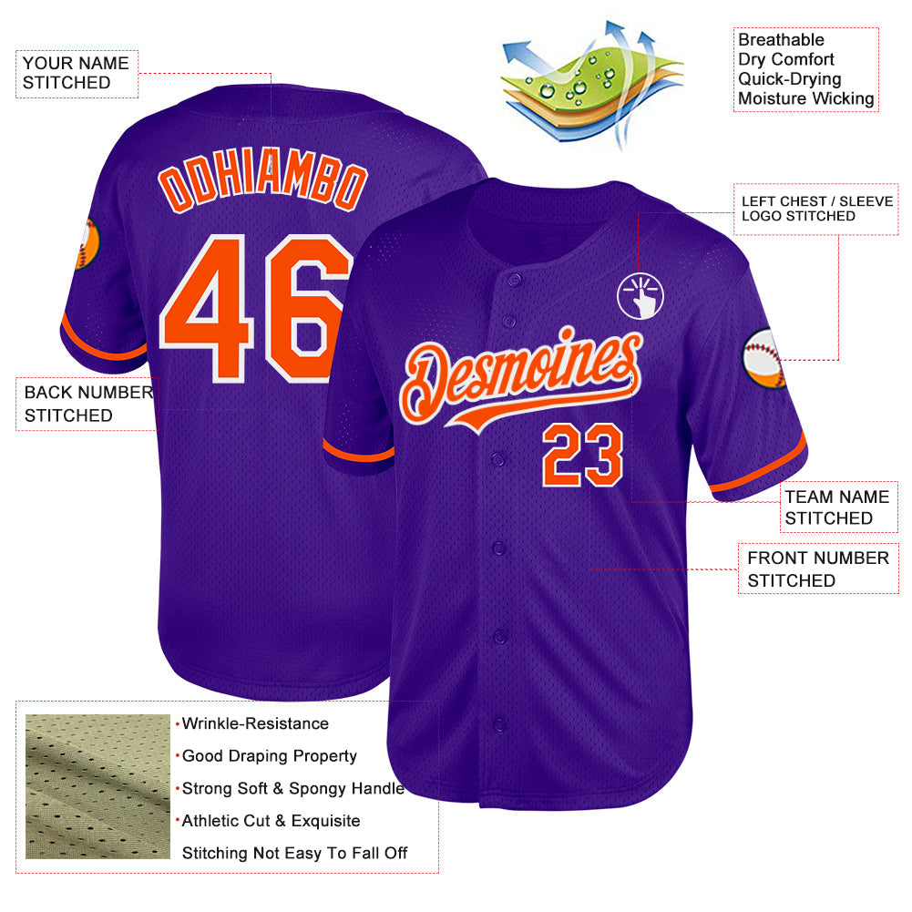 Custom Purple Orange-White Mesh Authentic Throwback Baseball Jersey view 3