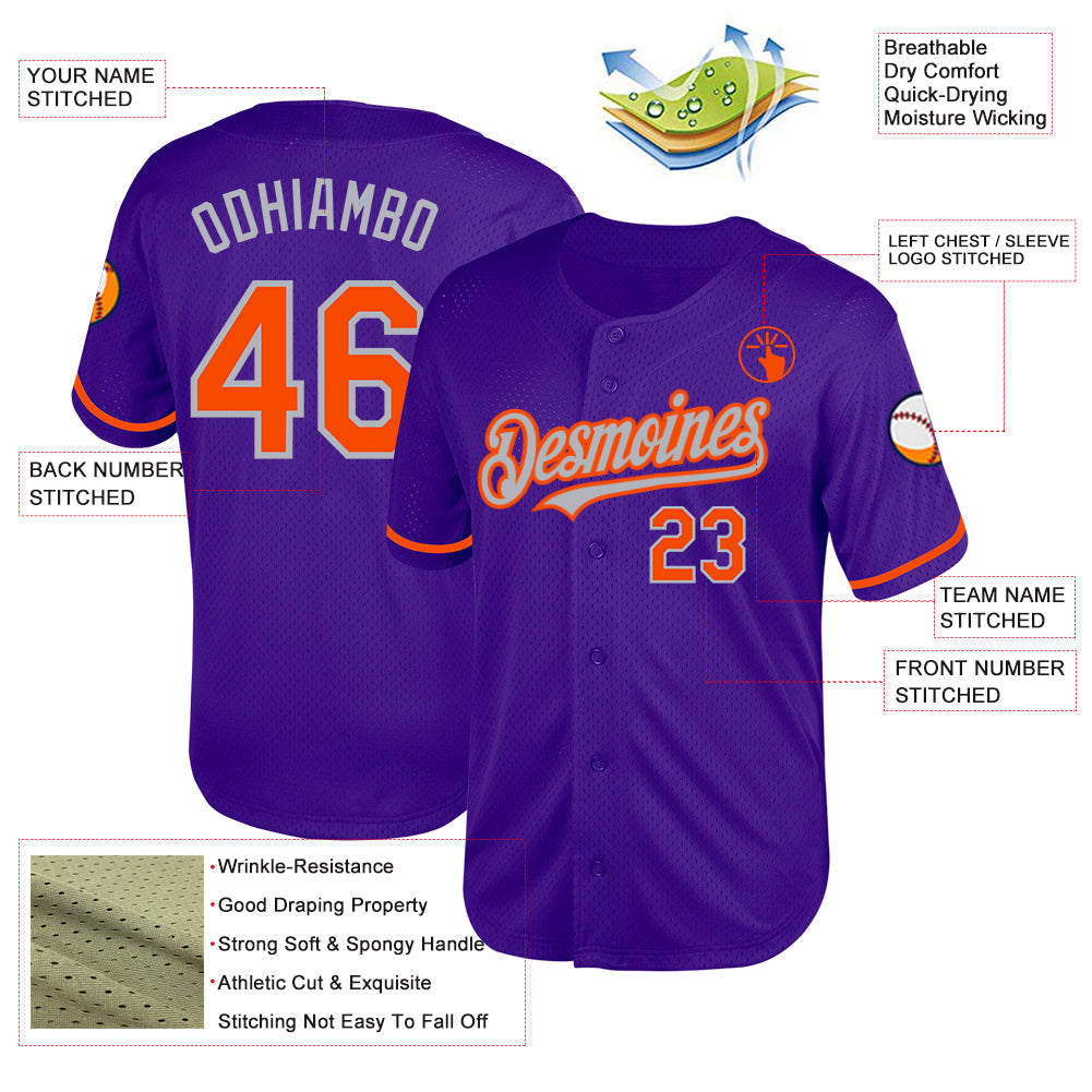 Custom Purple Orange-Gray Mesh Authentic Throwback Baseball Jersey view 3
