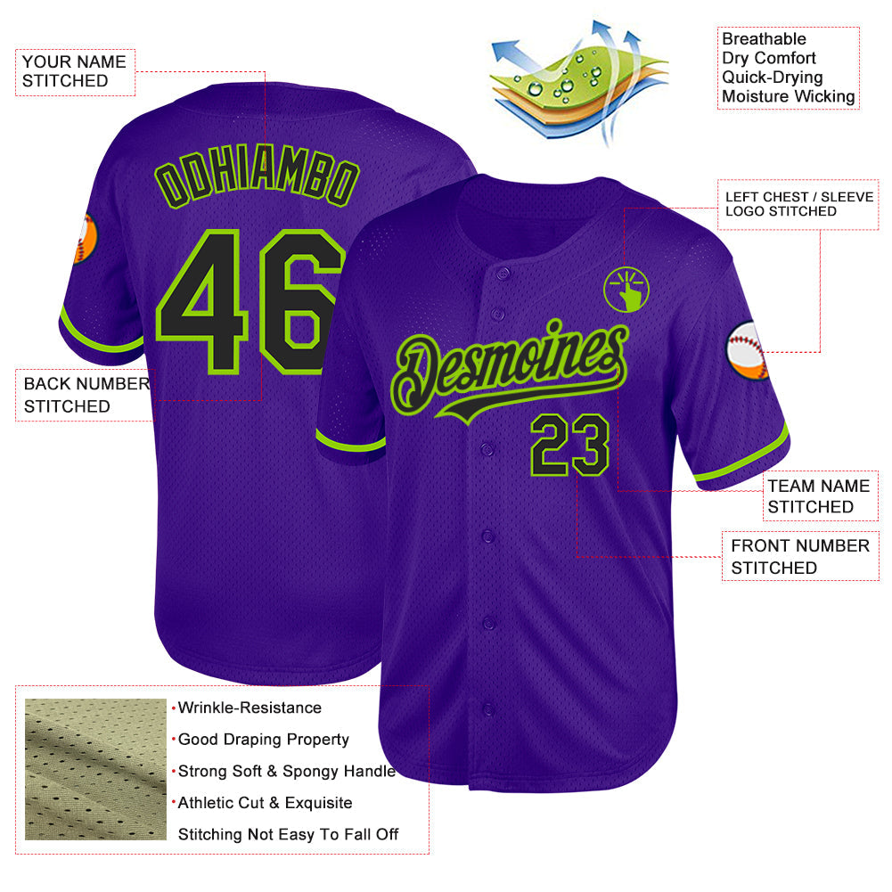 Custom Purple Black-Neon Green Mesh Authentic Throwback Baseball Jersey view 3