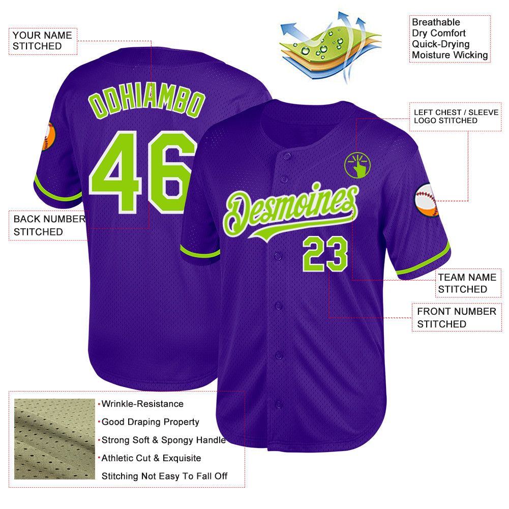 Custom Purple Neon Green-White Mesh Authentic Throwback Baseball Jersey view 3