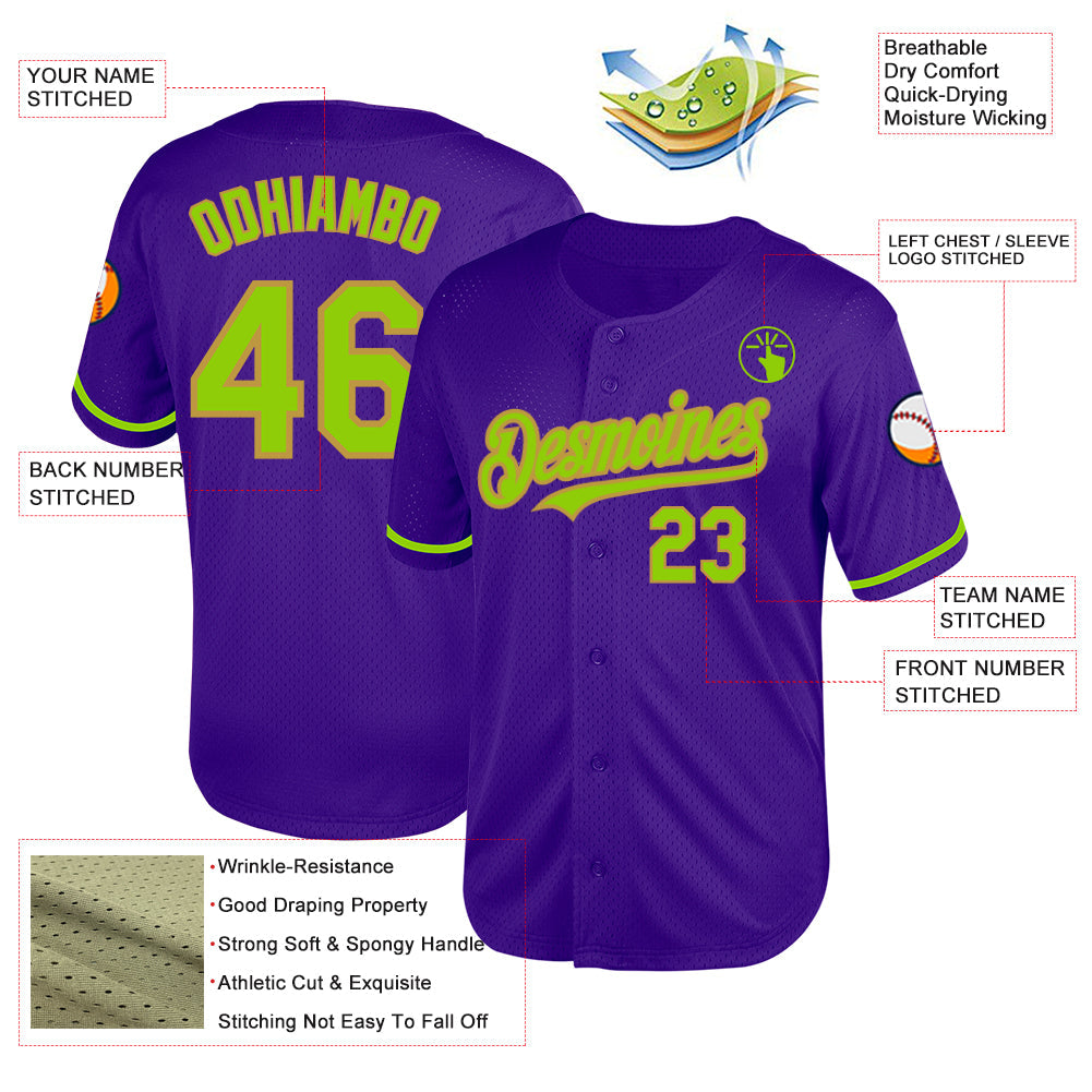 Custom Purple Neon Green-Old Gold Mesh Authentic Throwback Baseball Jersey view 3