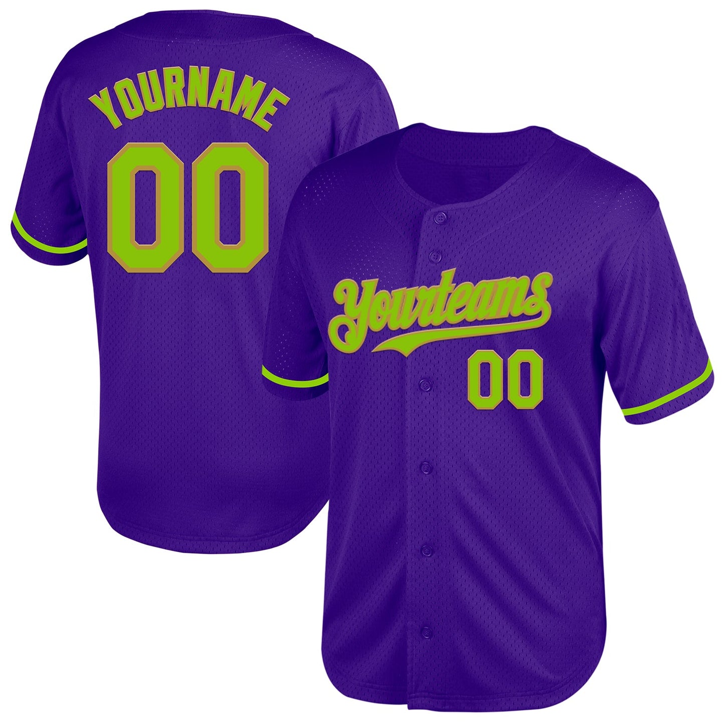 Custom Purple Neon Green-Old Gold Mesh Authentic Throwback Baseball Jersey - Main View