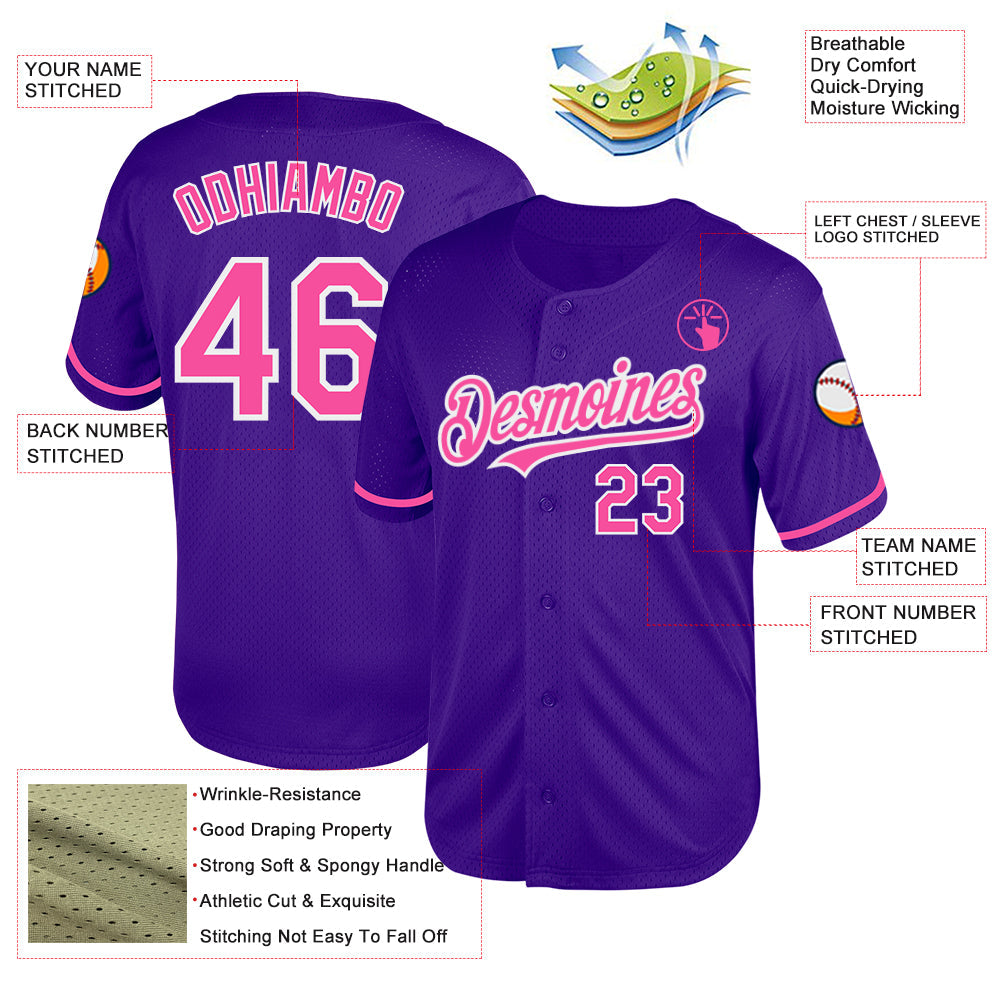 Custom Purple Pink-White Mesh Authentic Throwback Baseball Jersey view 3