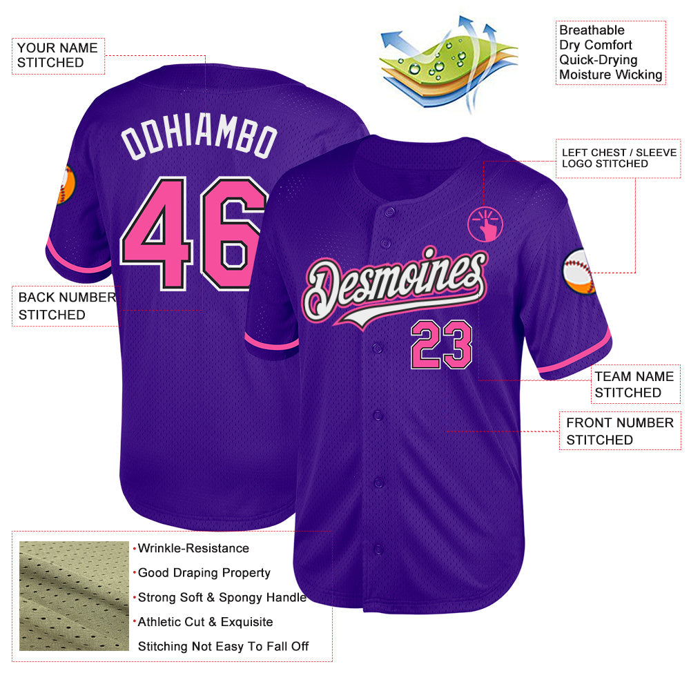 Custom Purple Pink-Black Mesh Authentic Throwback Baseball Jersey view 3