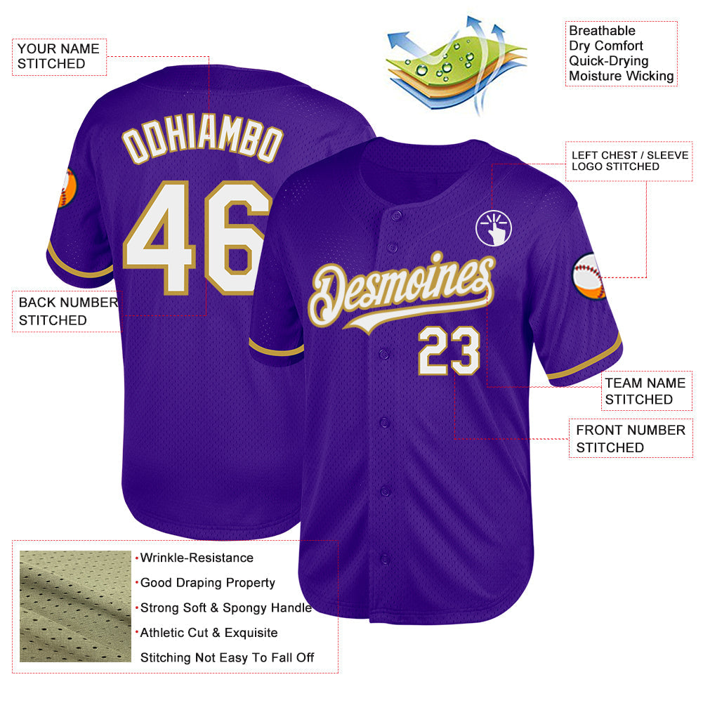 Custom Purple White-Old Gold Mesh Authentic Throwback Baseball Jersey view 3