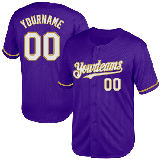 Custom Purple White-Old Gold Mesh Authentic Throwback Baseball Jersey - Main View