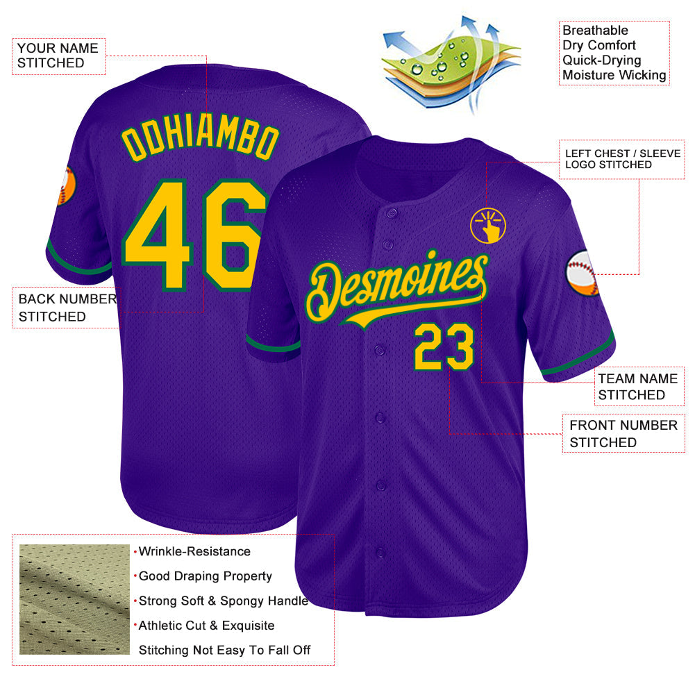 Custom Purple Yellow-Kelly Green Mesh Authentic Throwback Baseball Jersey view 3
