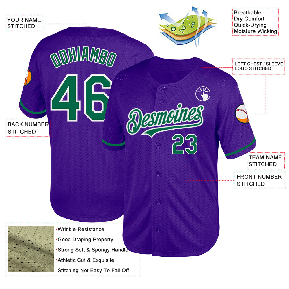 Custom Purple Kelly Green-White Mesh Authentic Throwback Baseball Jersey view 3