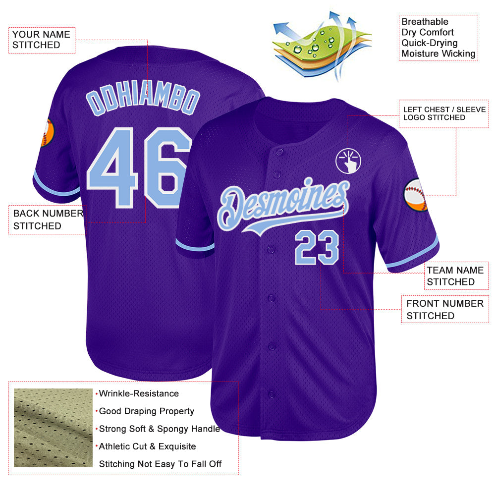 Custom Purple Light Blue-White Mesh Authentic Throwback Baseball Jersey view 3