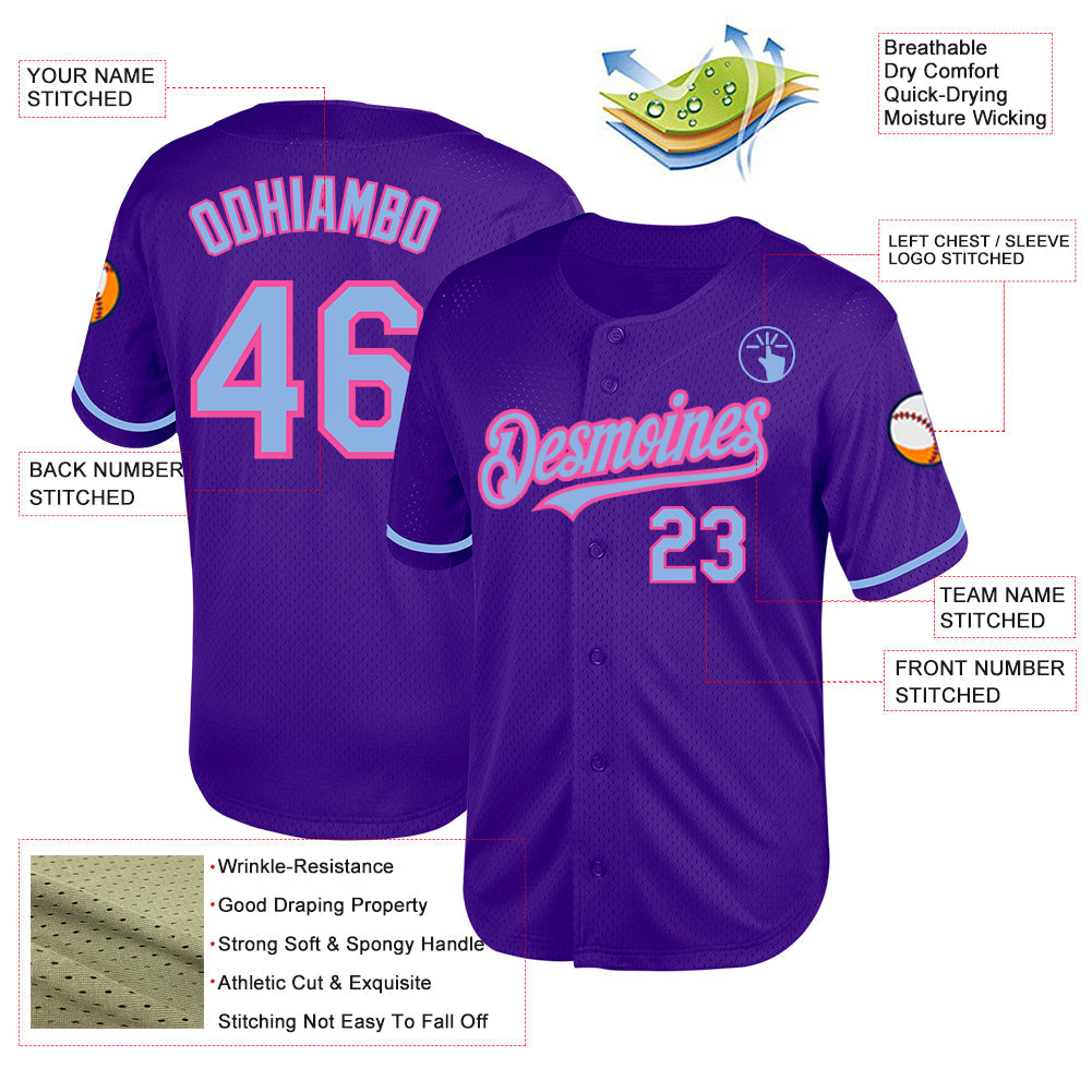 Custom Purple Light Blue-Pink Mesh Authentic Throwback Baseball Jersey view 3