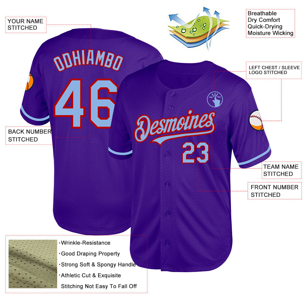Custom Purple Light Blue-Red Mesh Authentic Throwback Baseball Jersey view 3