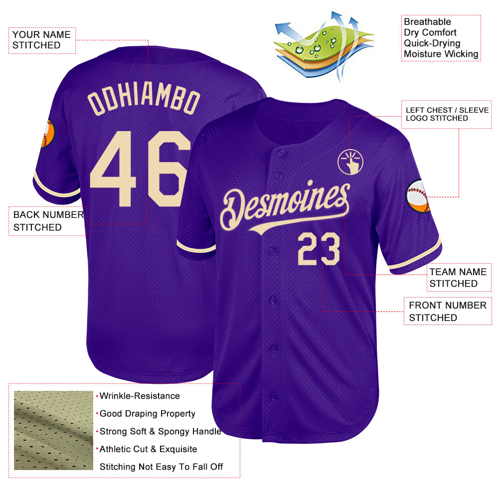 Custom Purple Cream Mesh Authentic Throwback Baseball Jersey view 3