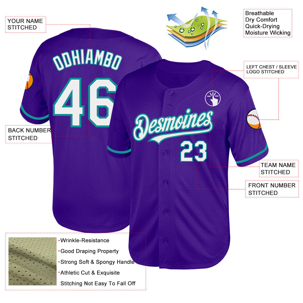 Custom Purple White-Teal Mesh Authentic Throwback Baseball Jersey view 3