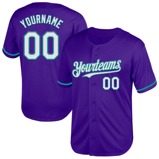 Custom Purple White-Teal Mesh Authentic Throwback Baseball Jersey - Main View