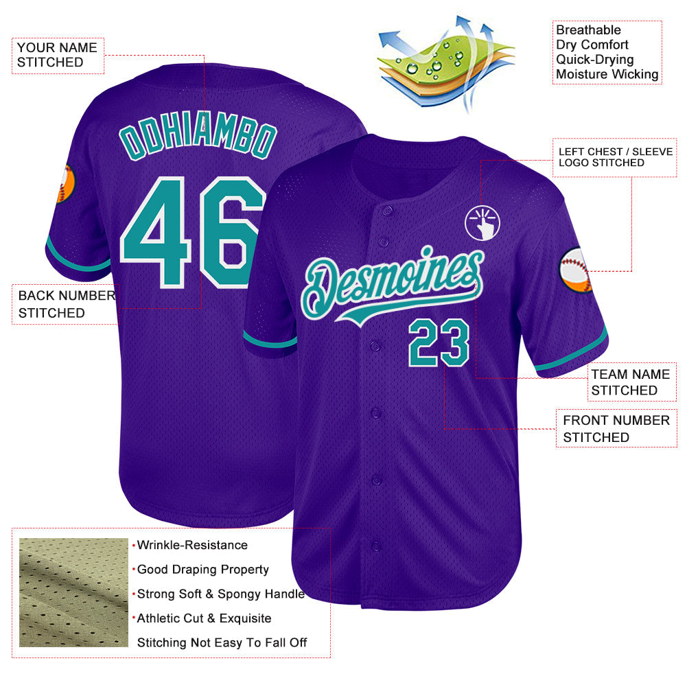 Custom Purple Teal-White Mesh Authentic Throwback Baseball Jersey view 3