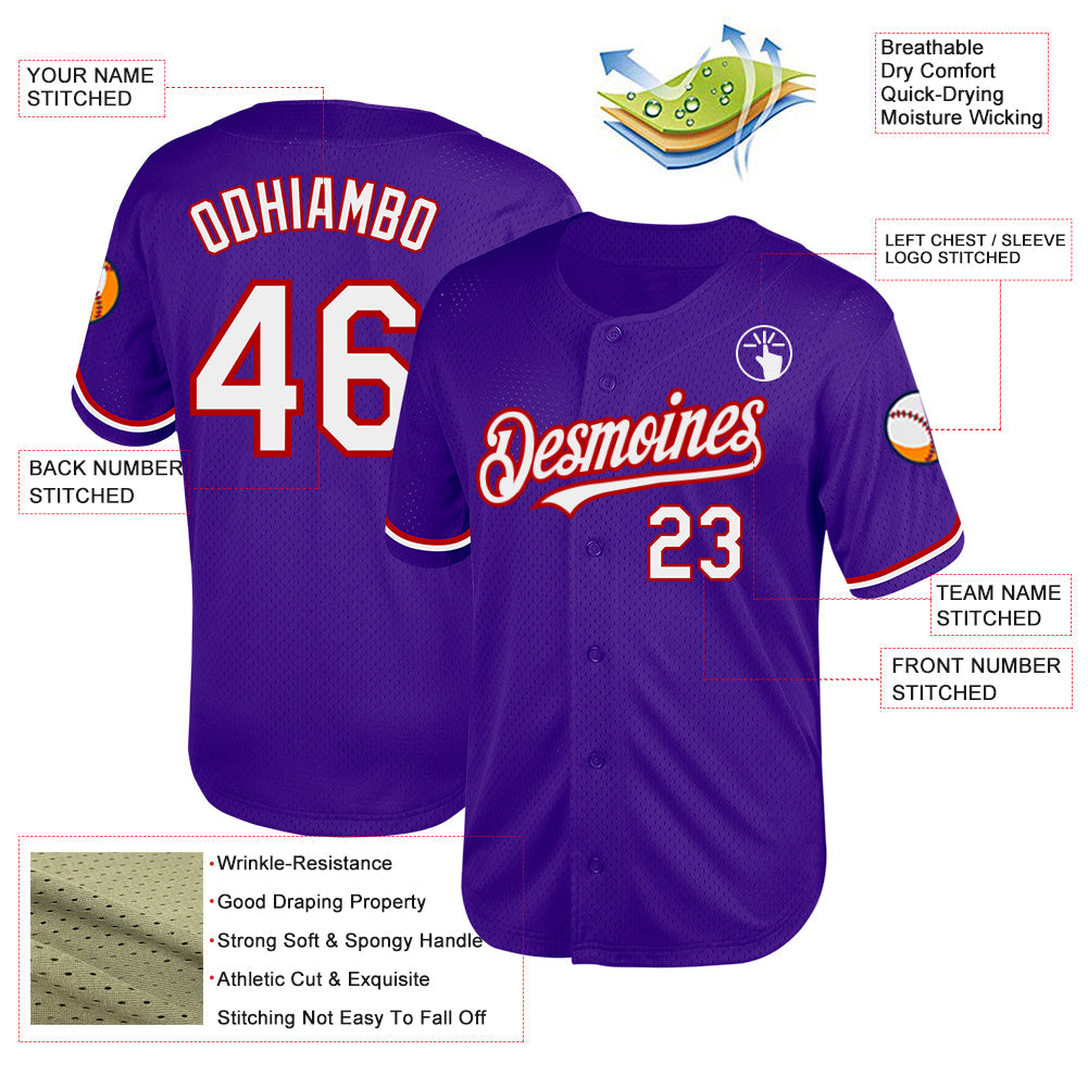 Custom Purple White-Red Mesh Authentic Throwback Baseball Jersey view 3