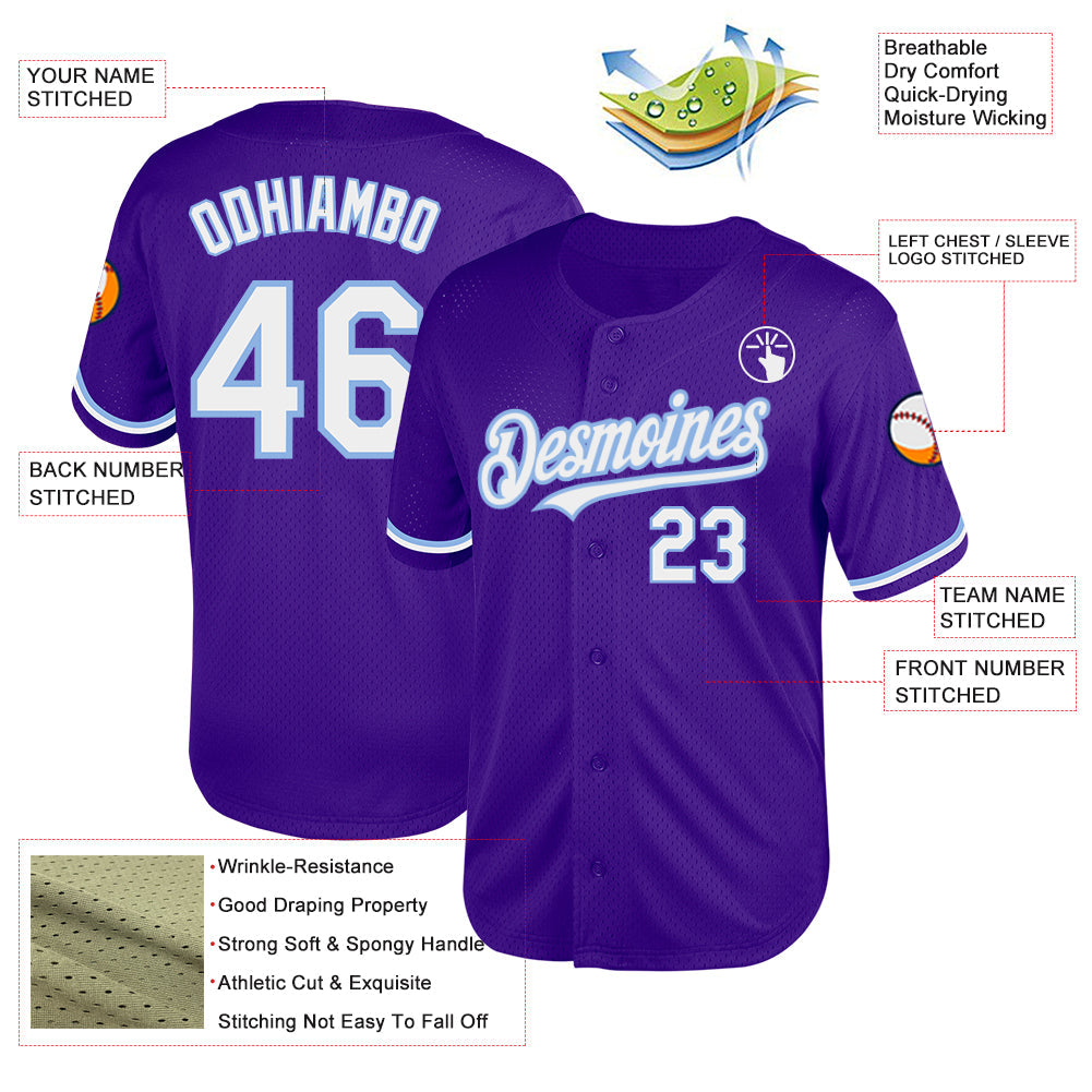 Custom Purple White-Light Blue Mesh Authentic Throwback Baseball Jersey view 3