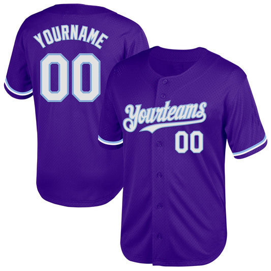 Custom Purple White-Light Blue Mesh Authentic Throwback Baseball Jersey - Main View