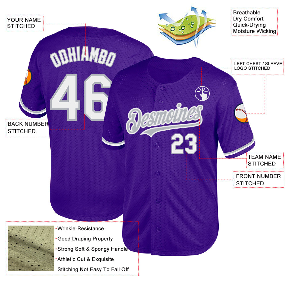 Custom Purple White-Gray Mesh Authentic Throwback Baseball Jersey view 3