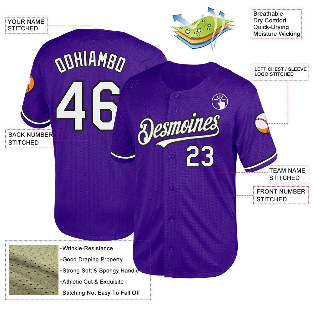 Custom Purple White-Black Mesh Authentic Throwback Baseball Jersey view 3