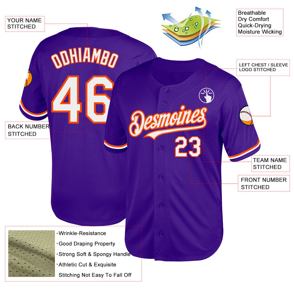 Custom Purple White-Orange Mesh Authentic Throwback Baseball Jersey view 3