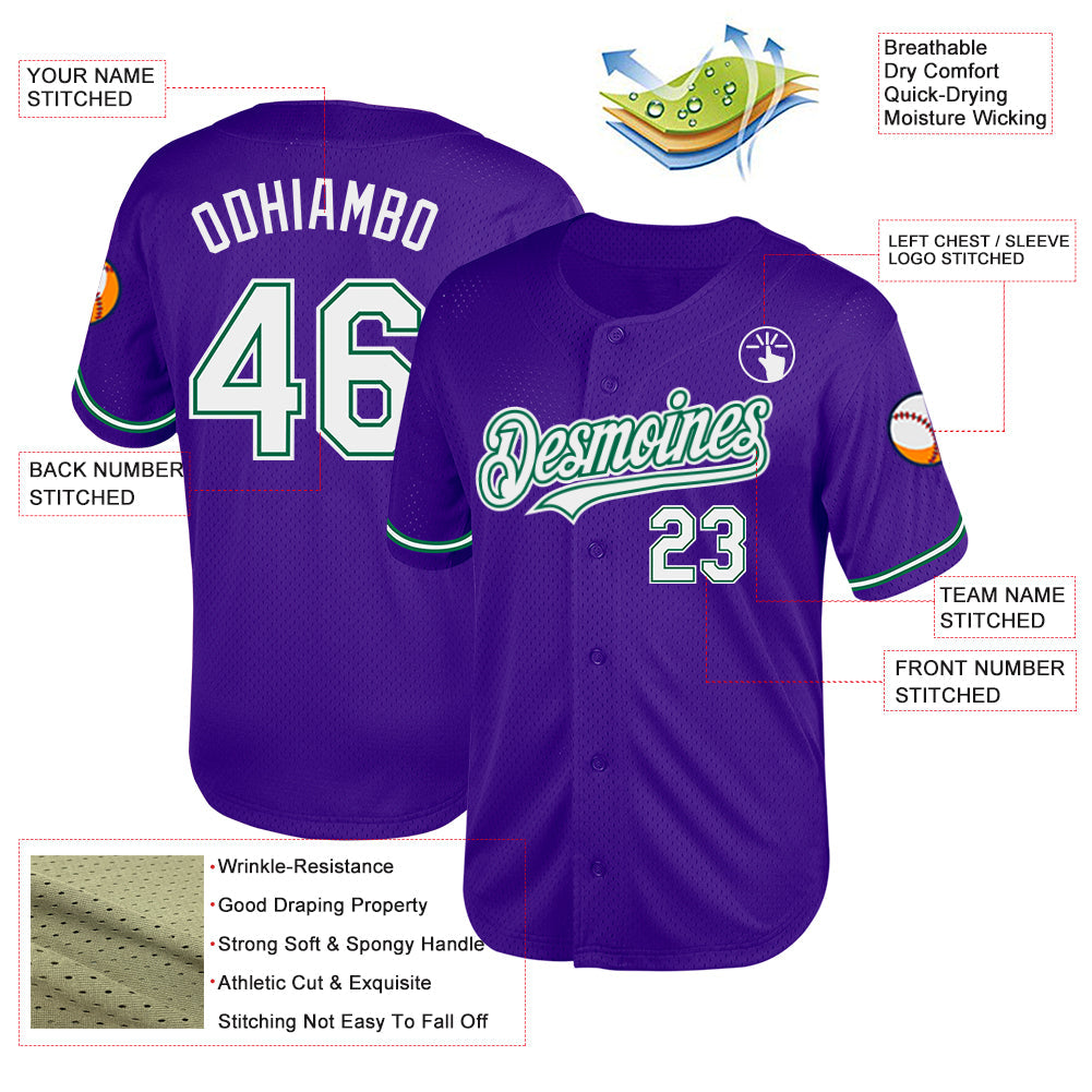 Custom Purple White-Kelly Green Mesh Authentic Throwback Baseball Jersey view 3