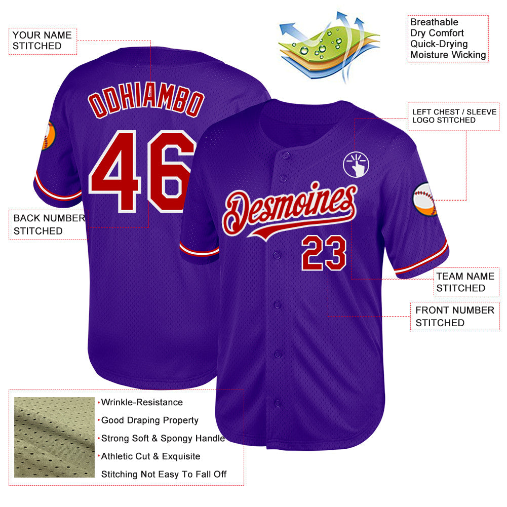Custom Purple Red-White Mesh Authentic Throwback Baseball Jersey view 3