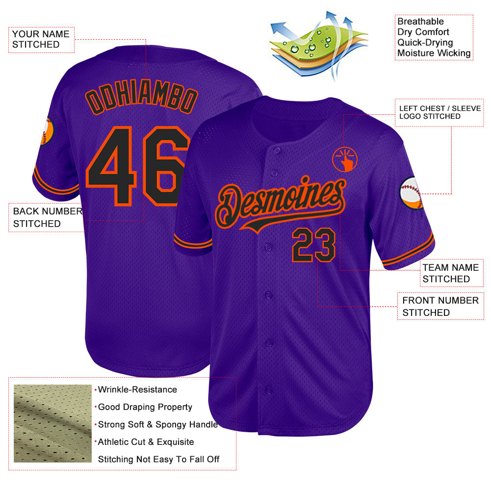 Custom Purple Black-Orange Mesh Authentic Throwback Baseball Jersey view 3