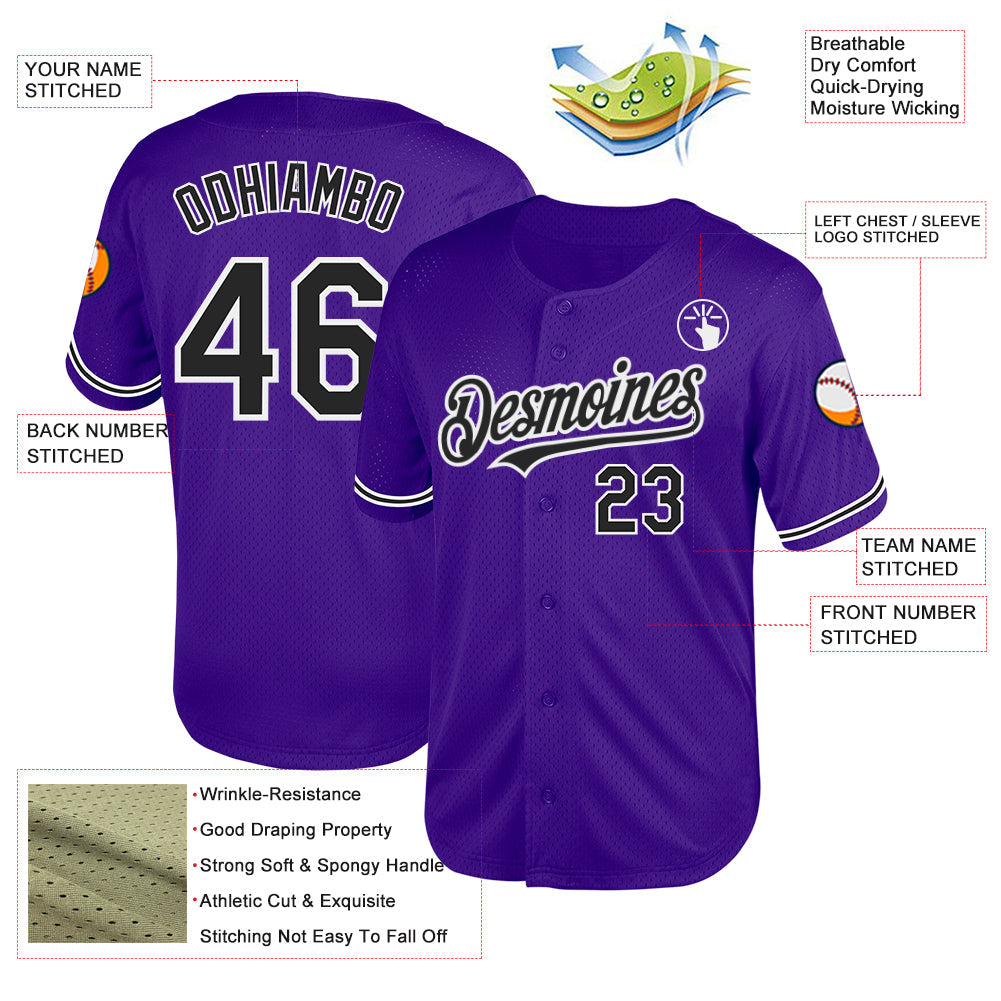 Custom Purple Black-White Mesh Authentic Throwback Baseball Jersey view 3