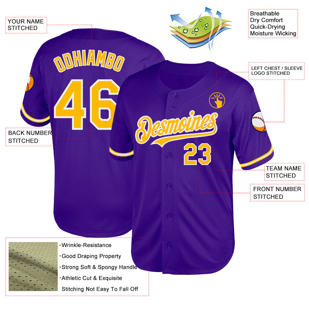 Custom Purple Gold-White Mesh Authentic Throwback Baseball Jersey view 3