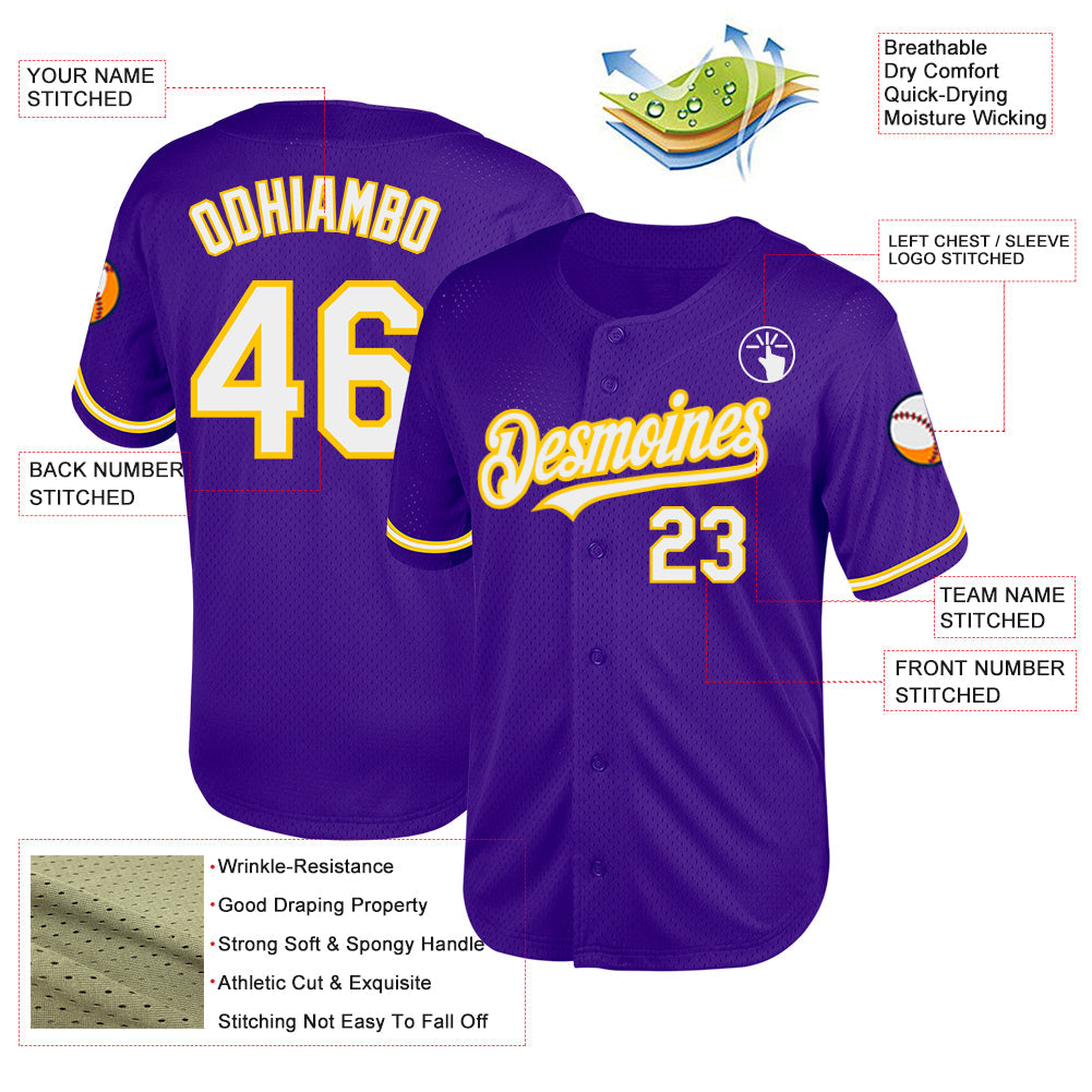 Custom Purple White-Yellow Mesh Authentic Throwback Baseball Jersey view 3