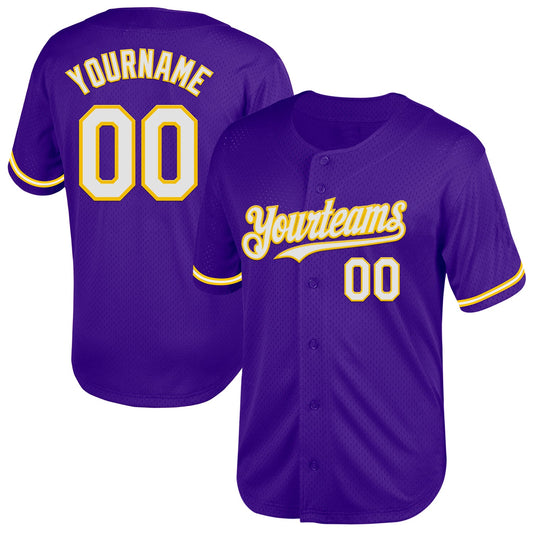 Custom Purple White-Yellow Mesh Authentic Throwback Baseball Jersey - Main View