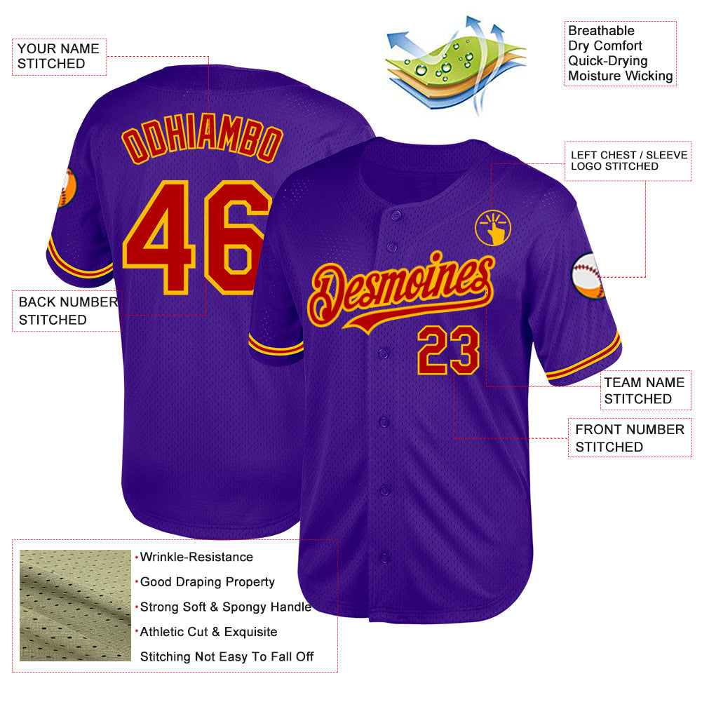 Custom Purple Red-Gold Mesh Authentic Throwback Baseball Jersey view 3