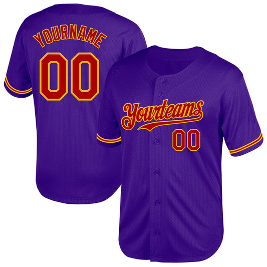 Custom Purple Red-Gold Mesh Authentic Throwback Baseball Jersey - Main View