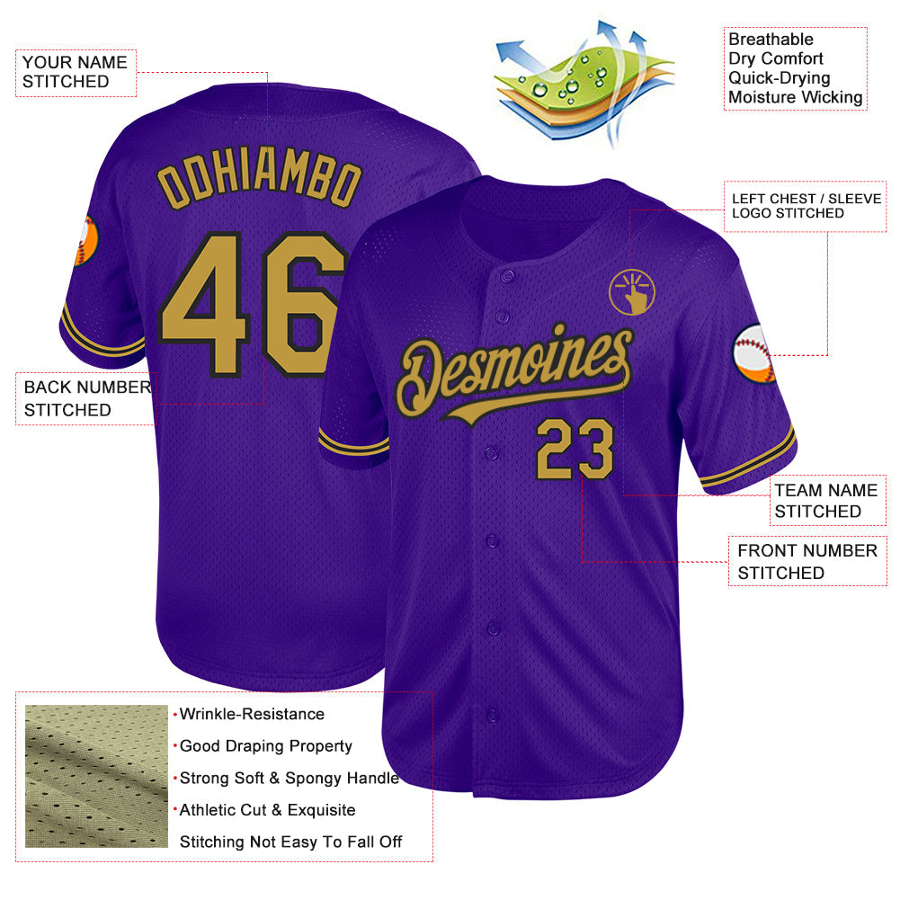 Custom Purple Old Gold-Black Mesh Authentic Throwback Baseball Jersey view 3