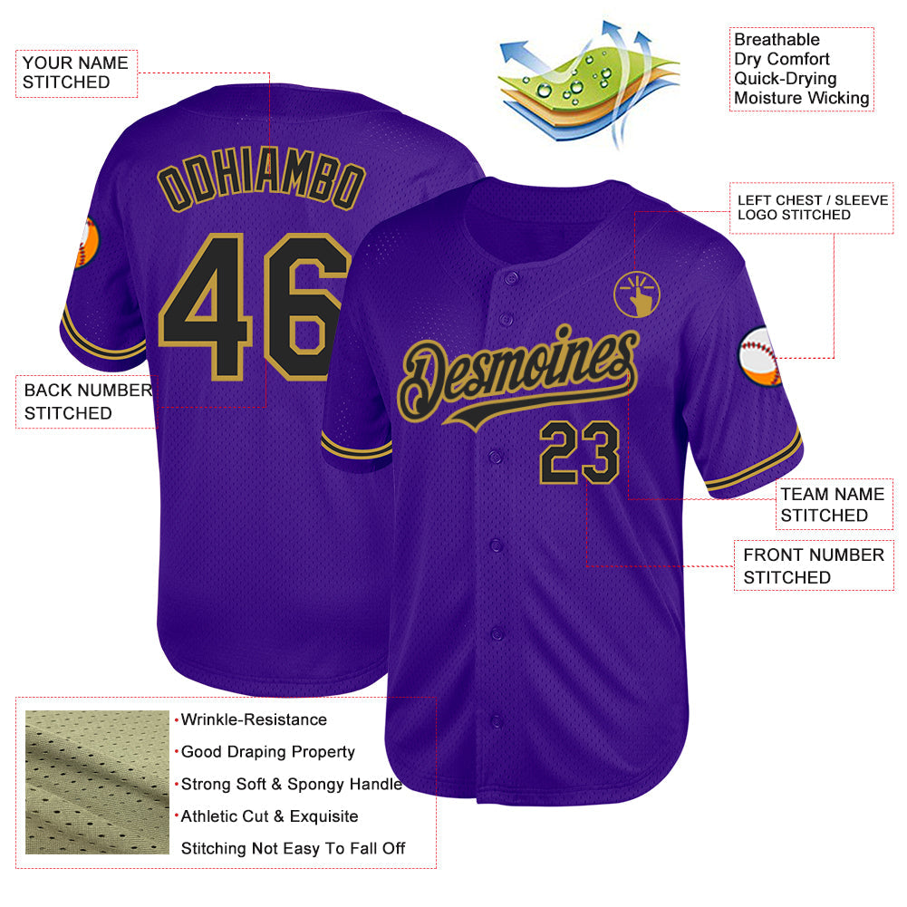 Custom Purple Black-Old Gold Mesh Authentic Throwback Baseball Jersey view 3