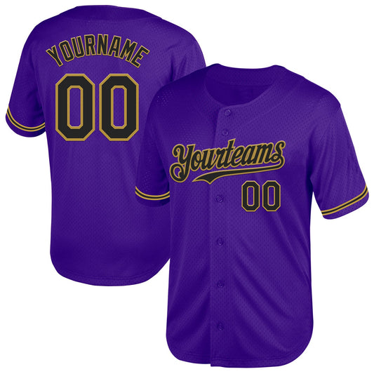 Custom Purple Black-Old Gold Mesh Authentic Throwback Baseball Jersey - Main View