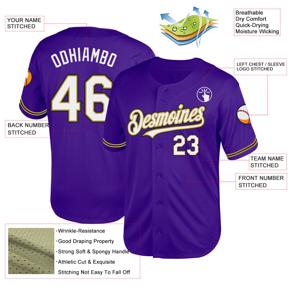 Custom Purple Old Gold-Black Mesh Authentic Throwback Baseball Jersey view 3