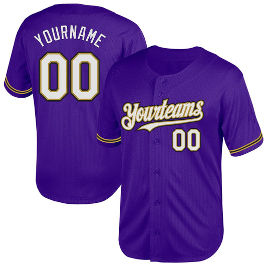 Custom Purple Old Gold-Black Mesh Authentic Throwback Baseball Jersey - Main View