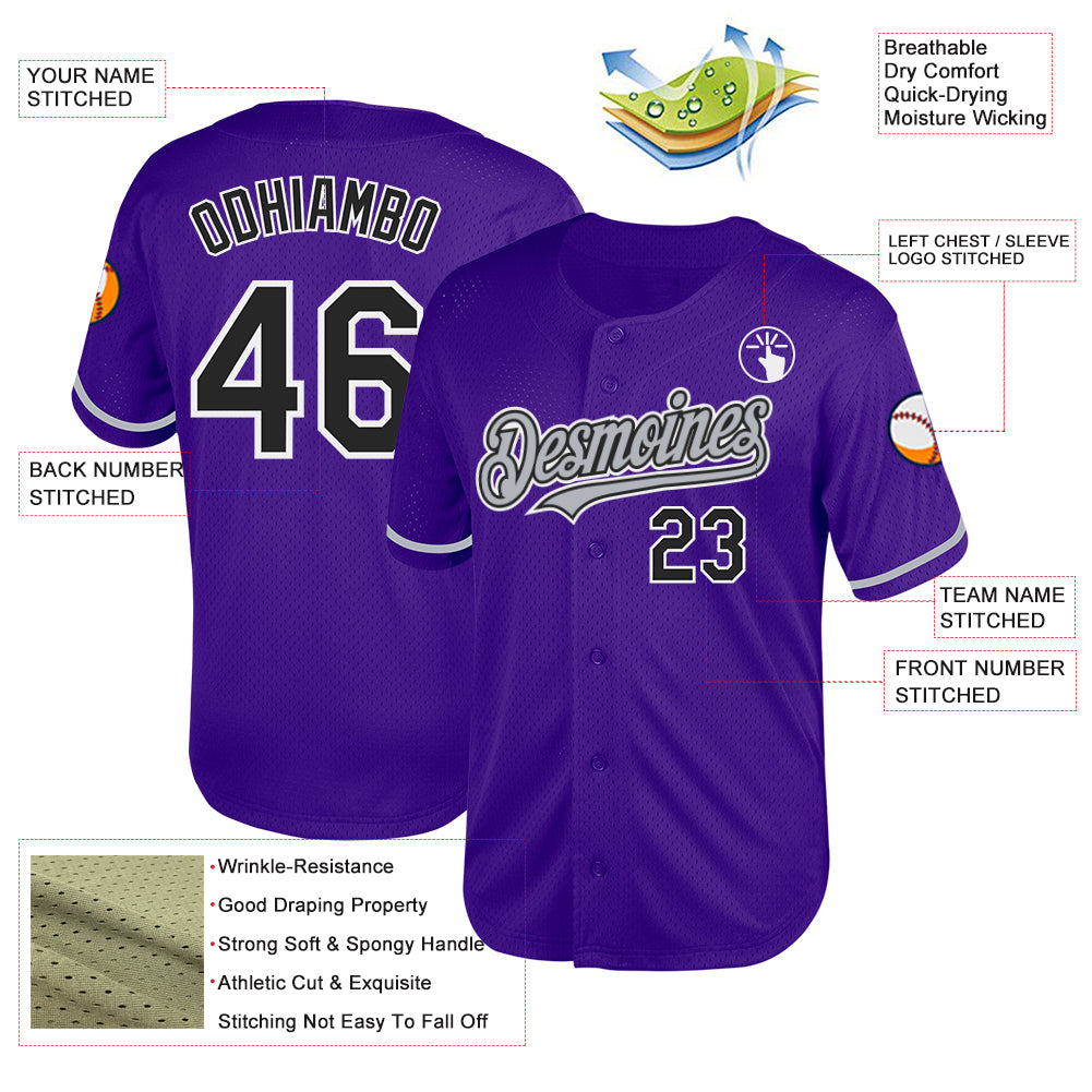 Custom Purple Black-Gray Mesh Authentic Throwback Baseball Jersey view 3
