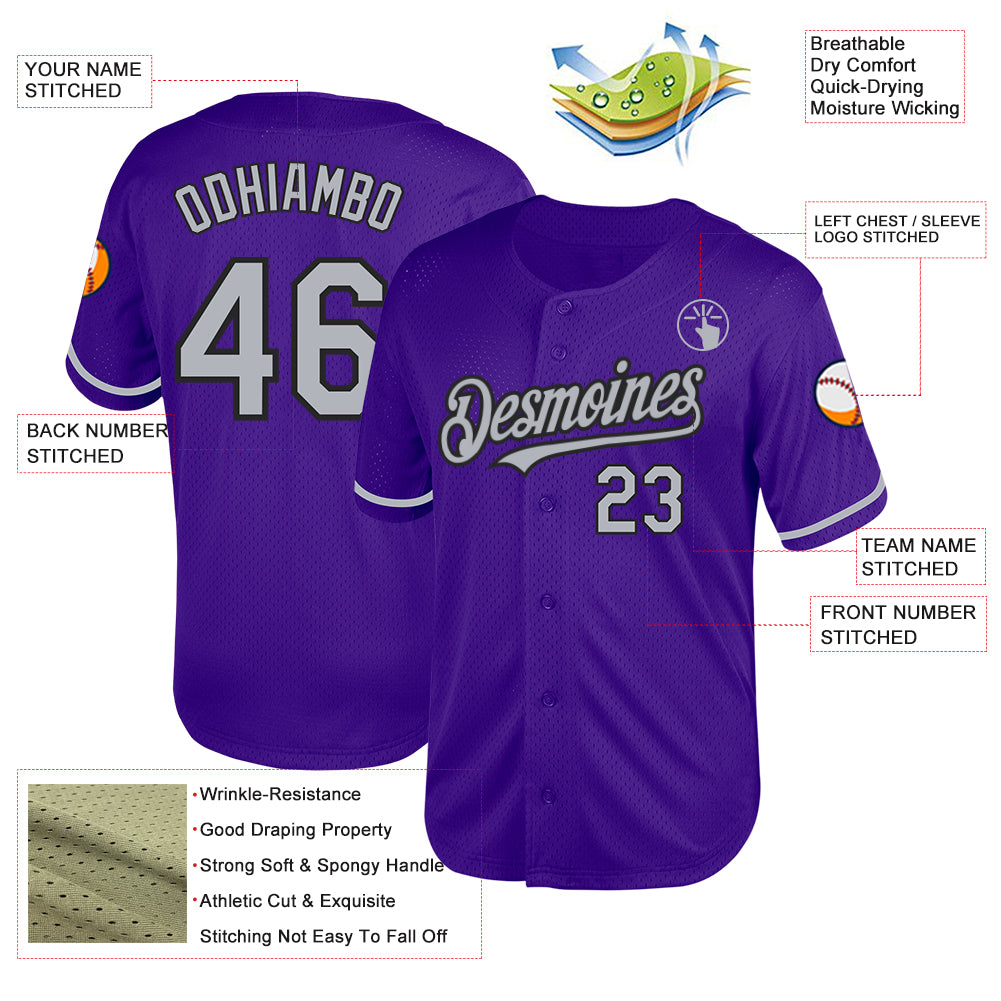 Custom Purple Gray-Black Mesh Authentic Throwback Baseball Jersey view 3