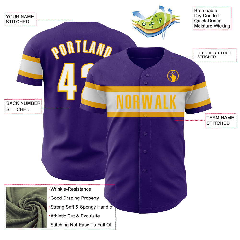Custom Purple White-Gold Authentic Baseball Jersey view 3
