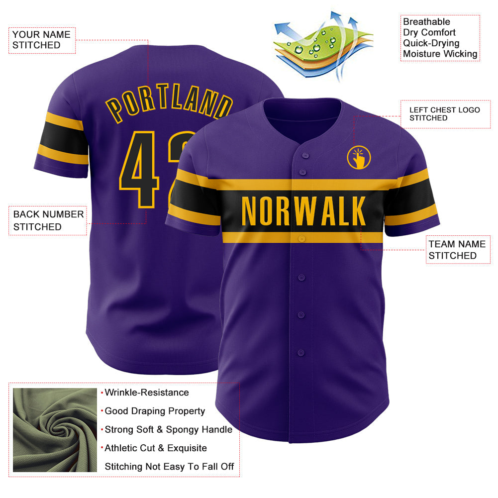 Custom Purple Black-Gold Authentic Baseball Jersey view 3