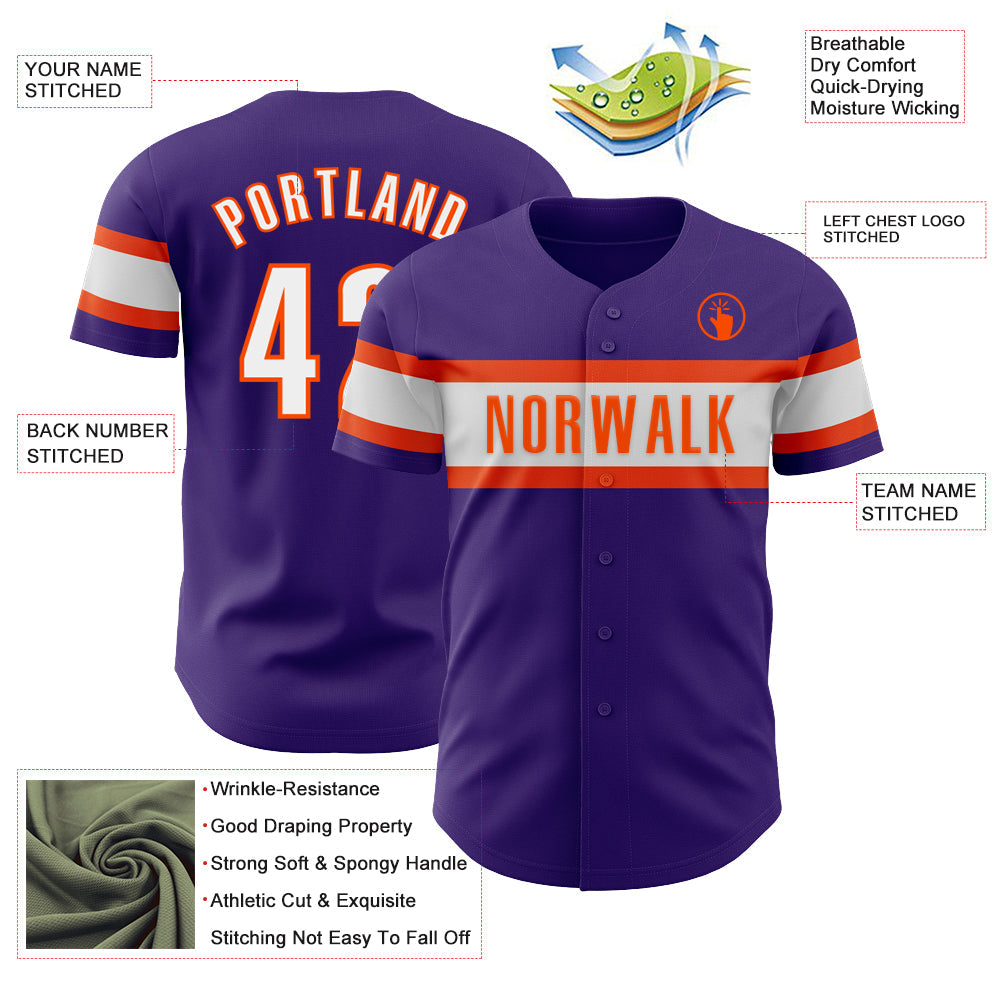Custom Purple White-Orange Authentic Baseball Jersey view 3