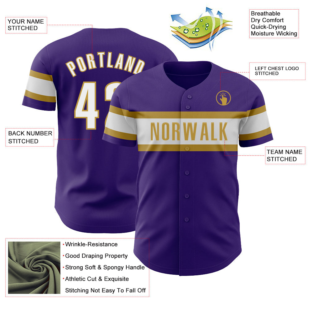 Custom Purple White-Old Gold Authentic Baseball Jersey view 3